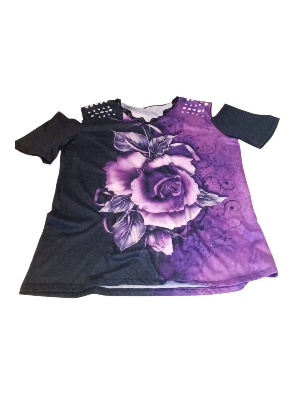 Black and Purple Cold-Shoulder Short Sleeve Top with Rose Print - Xl